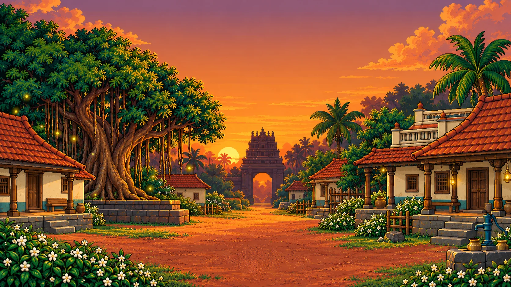 Sunset over Jasmine Village: a great banyan, tiled houses, jasmine bushes and a temple gateway at the end of a red earth road.