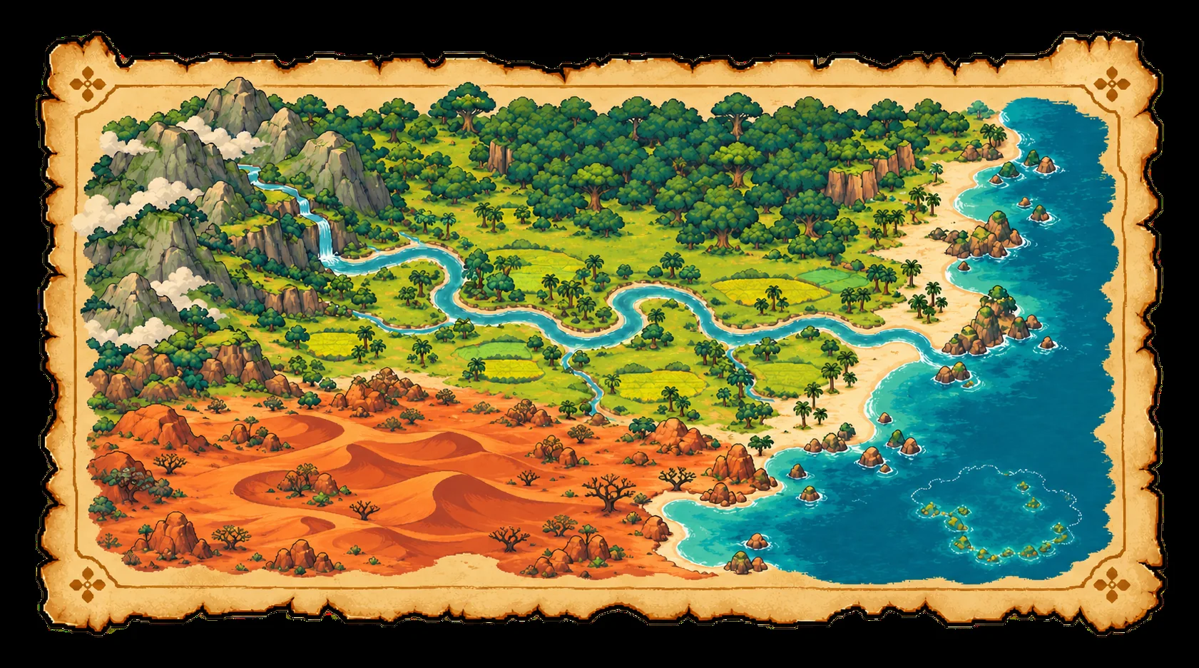 Painted map of the Five Lands on old parchment: grey-green mountains in the west, dark forest in the north, a green river plain in the centre, a sandy coast and teal sea in the east, and red dunes in the south.