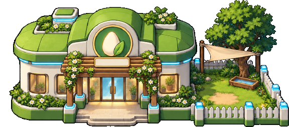 The Spirit Nursery: a green-roofed house with an egg on its sign, a garden and a white picket fence.