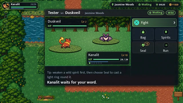 A battle in Jasmine Woods: Kanalit faces a wild Duskveil, with Fight, Bag, Spirits, Seal and Run on the right.