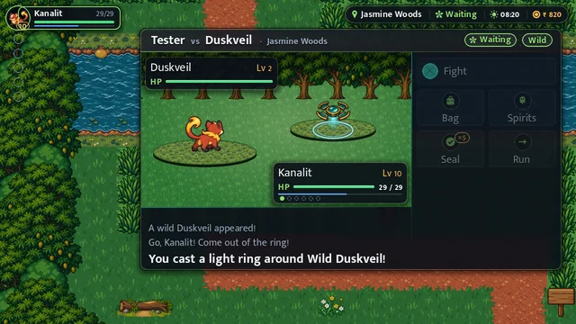 A glowing light-blue ring closing round a wild Duskveil in battle, with the line: You cast a light ring around Wild Duskveil!