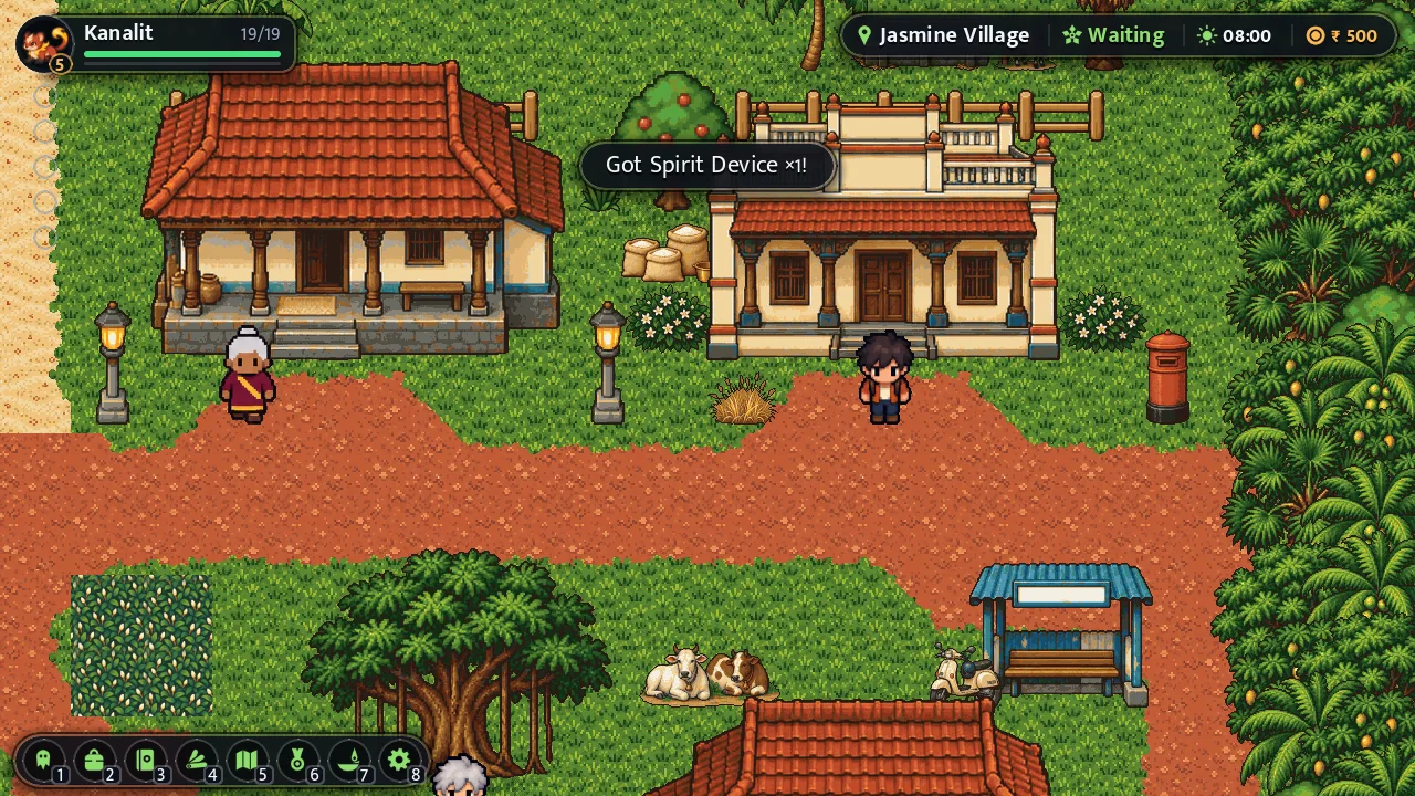 The player and Grandma outside two tiled houses in Jasmine Village, with the banyan, a red post box and a bus shelter nearby.